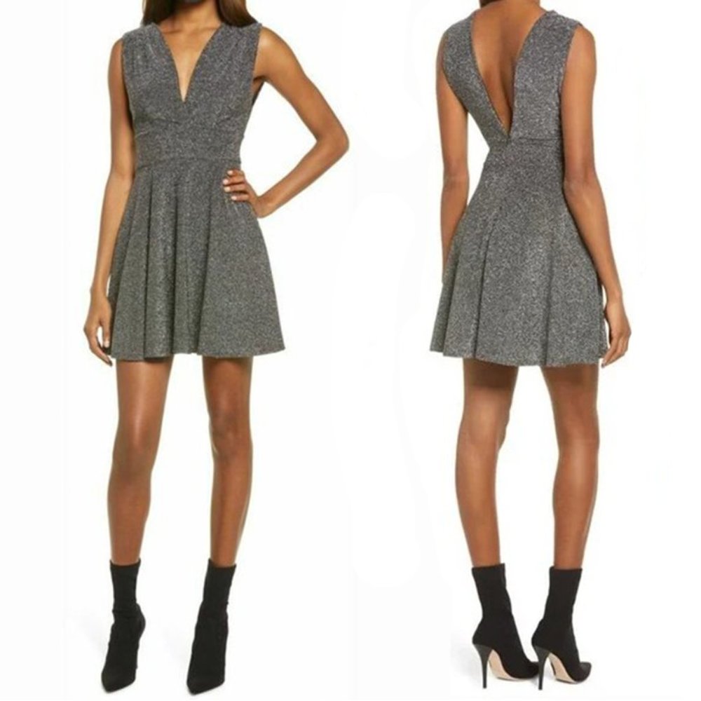 NWT Fraiche by J Metallic Shimmer Deep V-Neck Fit & Flare Minidress Silver Black - Picture 1 of 8